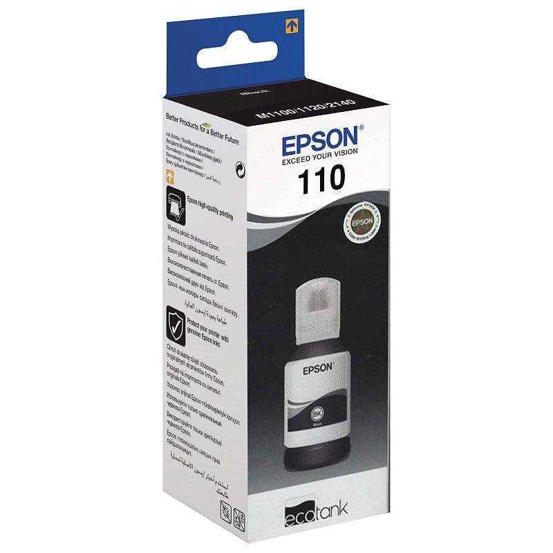 Фото-1 Чернила Epson EcoTank 110 C13T03P14A, коробка товара под углом на светлом фоне. На фото бело-чёрная коробка с синей верхней частью, маркировкой Epson 110 и изображением флакона чернил BK на лицевой стороне. Изображение важно для страницы товара, потому что показывает упаковку и обозначение чёрных струйных чернил.