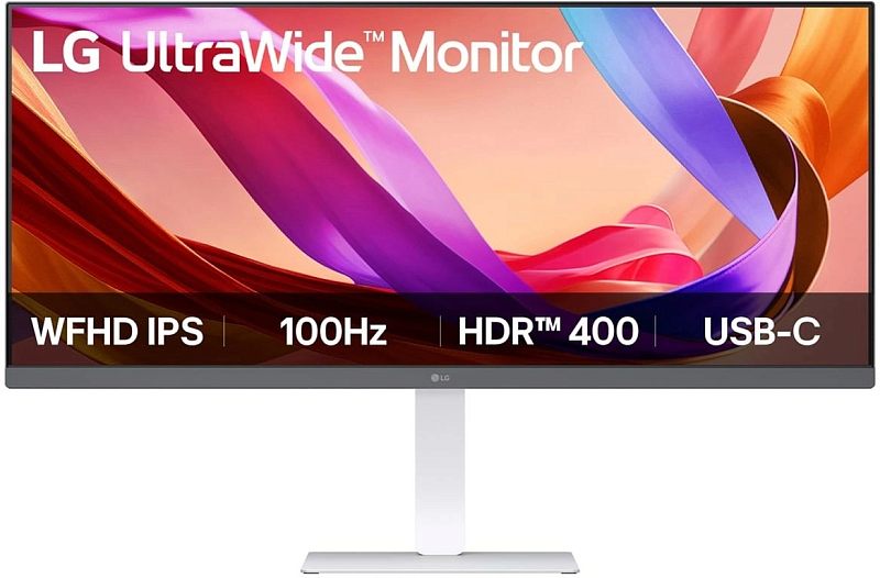 Фото-1 Монитор LG 34U530A-W 34 дюйма, вид спереди; сверхширокий экран, белая стойка и прямоугольное основание, на экране указаны WFHD IPS, 100Hz, HDR400 и USB-C, фото показывает лицевую часть для страницы товара.