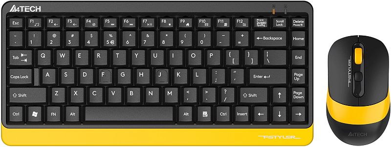Фото-1 Беспроводной комплект клавиатуры и мыши A4Tech FG1110 Bumblebee — вид сверху: компактная клавиатура без цифрового блока и мышь справа; чёрный пластик с жёлтой нижней рамкой, жёлтое колёсико и кнопка на мыши. Для страницы набора показывает компоновку и цветовое оформление комплекта.