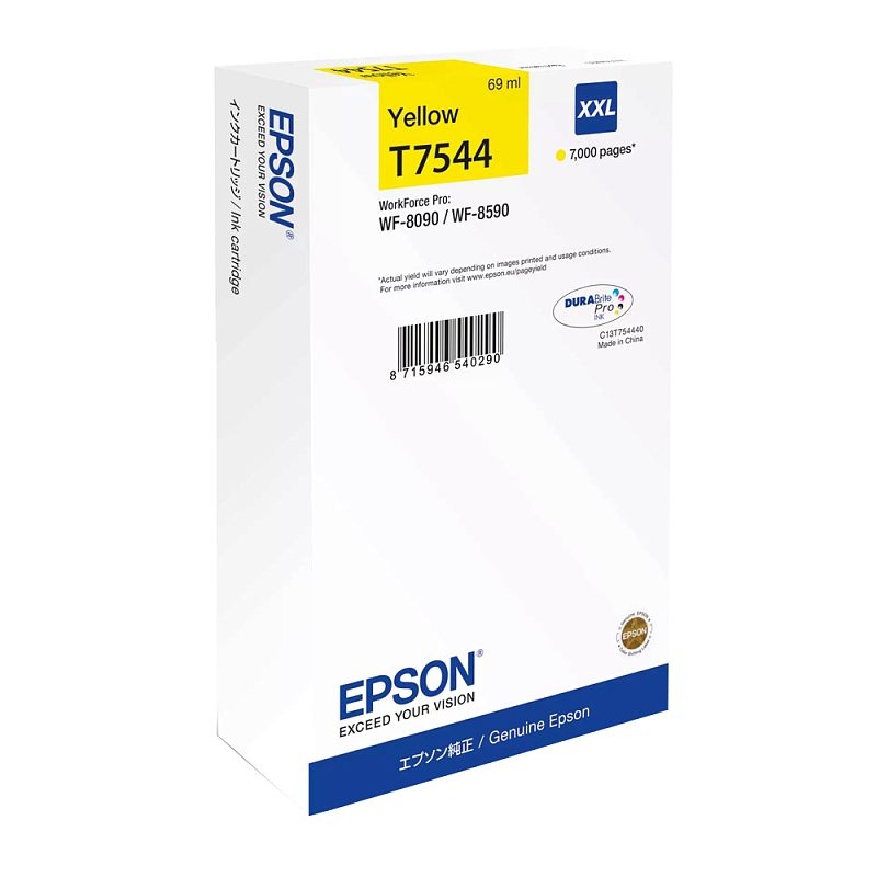 Фото-1 Картридж Epson T7544 Yellow 69 мл, вид спереди слева на упаковку; белая коробка с жёлтым блоком Yellow T7544, отметкой XXL, штрихкодом и указанием WorkForce Pro WF-8090/WF-8590. Изображение нужно для проверки модели, цвета и объёма расходника на странице товара.