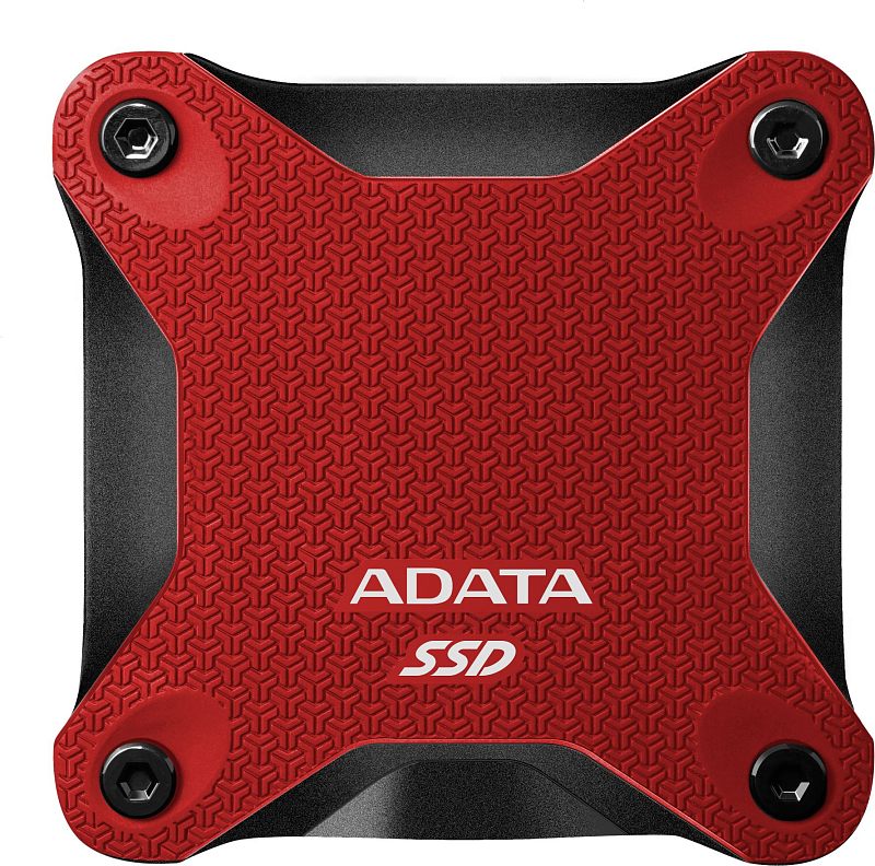 Фото-1 Внешний SSD ADATA SD620 512 ГБ, вид сверху: красная рельефная панель с логотипом ADATA SSD, четыре винта по углам, чёрная рамка корпуса на белом фоне; важно для визуальной идентификации модели и цвета.