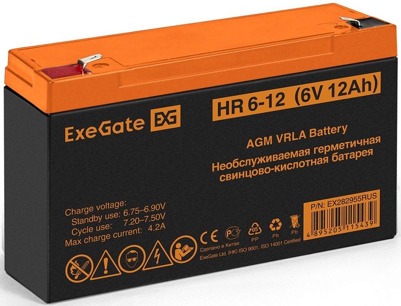 Фото-1 Батарея для ИБП ExeGate EX282955RUS: вид сбоку под углом; чёрный корпус с оранжевой крышкой, маркировка ExeGate и модель HR 6-12 на этикетке, клеммы на верхних торцах с красной и чёрной зонами. На белом фоне для идентификации модели и типа клемм на странице товара.