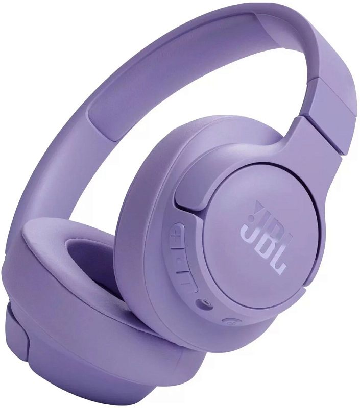 Фото-1 Гарнитура JBL Tune 720BT Purple, вид спереди сбоку на белом фоне; показаны фиолетовые накладные чашки, мягкие амбушюры, оголовье с внутренней подушкой и кнопки управления на чашке с логотипом JBL; фото помогает увидеть общий внешний вид модели на странице товара.