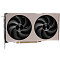 Фото-3 Видеокарта MSI NVIDIA GeForce RTX 5060 Ti INSPIRE 2X OC 16GB, вид спереди под углом. На фото два вентилятора разного видимого размера из-за ракурса, прямоугольный светло-бежевый корпус и боковая интерфейсная зона; ракурс помогает оценить толщину и форму кожуха.