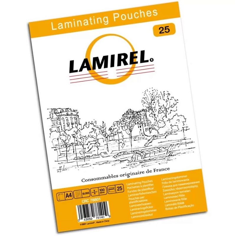 Фото-1 Плёнка для ламинирования A4 LA 78801 — упаковка Laminating Pouches, вид под углом; бело-оранжевый пакет с логотипом LAMIREL и рисунком пейзажа, внизу ряд пиктограмм формата и параметров плёнки, штрихкод и обозначение серии, важно для различения вариантов по коду на упаковке.