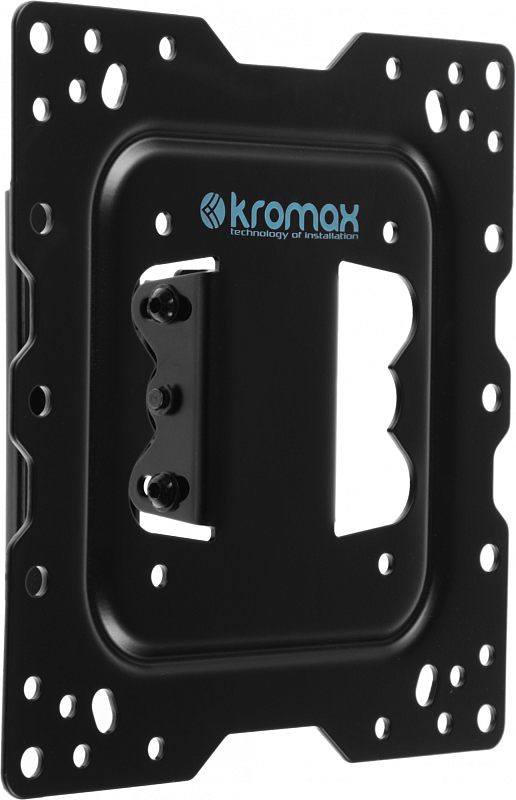 Фото-1 Настенный кронштейн для телевизора Kromax DIX-16, крупный план настенной пластины; видны прямоугольная штампованная основа, множество монтажных отверстий и центральный блок с винтами, цвет чёрный; изображение важно для страницы товара, потому что показывает опорную часть крепления и схему отверстий.