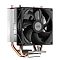Фото-2 Кулер для процессора PCCooler R200, вид сбоку под углом: вентилятор на радиаторе, сбоку заметны серебристые пластины и медные тепловые трубки, крепление вентилятора выполнено проволочными скобами. Внизу — основание с пружинным винтом. Цвет: чёрный, серебристый, медные элементы; ракурс показывает профиль и крепёж.
