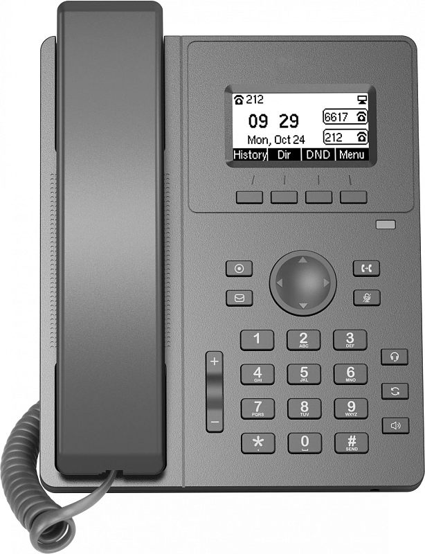 Фото-1 IP‑телефон Flyingvoice P10W, вид спереди: монохромный дисплей, навигационный блок и цифровая клавиатура; серый/чёрный корпус. На странице товара помогает оценить базовую раскладку управления.