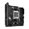 Фото-3 Материнская плата ASUS ROG Strix B650E‑I Gaming WiFi — вид под углом на mini‑ITX плату с установленной накладкой задней панели; чёрная PCB, видны сокет AM5, два слота памяти и крупные радиаторы/кожухи над M.2; помогает понять компоновку и габариты платы для компактной сборки на странице товара.