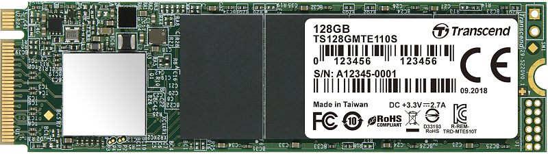Фото-1 SSD Transcend PCIe SSD 110S TS128GMTE110S 128GB, крупный план модуля M.2 2280. Видна лицевая сторона зелёной печатной платы, белая заводская наклейка с маркировкой, микросхемы и контактная площадка M.2. Изображение показывает сам накопитель и расположение элементов на плате.