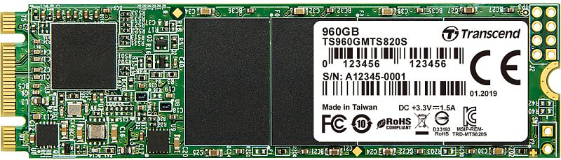 Фото-1 SSD Transcend MTS820S TS960GMTS820S, крупный план сверху: модуль M.2 2280 на зелёной плате с белой наклейкой, чёрными микросхемами памяти и контактной гребёнкой слева; фото показывает маркировку модели и компоновку платы на странице товара.