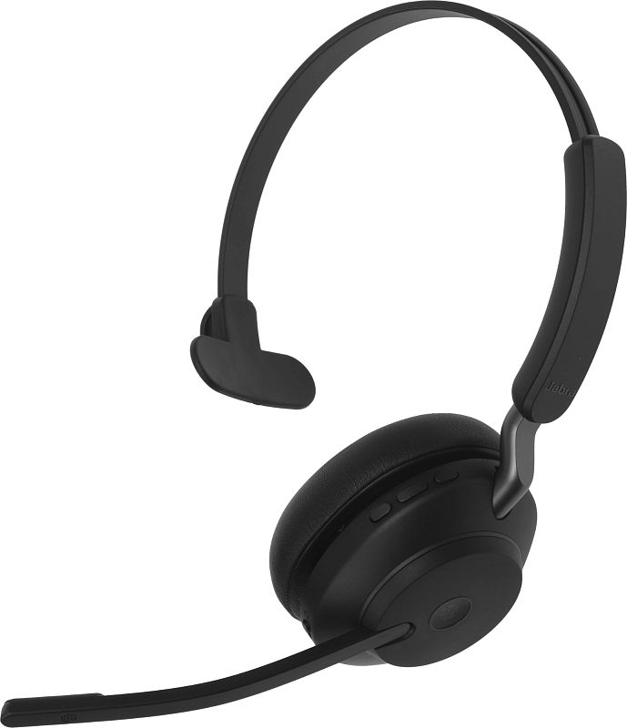 Фото-1 Наушники Jabra Evolve2 65, общий вид спереди сбоку: чёрная накладная гарнитура с тонким оголовьем, круглой чашкой, рядом расположенной складной штангой микрофона и кнопками на верхнем торце чашки; фото показывает внешний вид модели на странице товара.