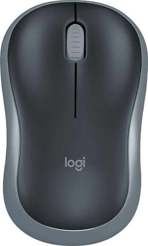 Фото-1 Беспроводная мышь Logitech M185, вид сверху: чёрная верхняя панель с серой окантовкой, серое колесо прокрутки с рельефом и логотип logi на корпусе; показывает форму и основные кнопки товара на странице мыши.
