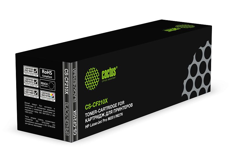 Фото-1 Тонер-картридж Cactus CS-CF210X, упаковка под углом спереди слева: чёрная коробка с зелёным логотипом, маркировкой CF210X и указанием серии HP LaserJet Pro M251/M276; фото показывает упаковку и модель, что важно для карточки усиленного чёрного картриджа.