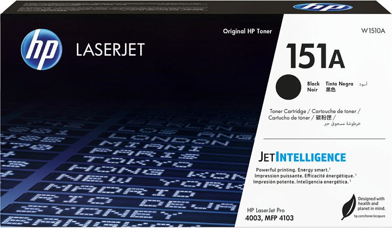 Фото-1 Тонер-картридж HP 151A W1510A, фронтальный вид упаковки на тёмно-синем фоне: коробка с крупной маркировкой 151A, чёрным цветовым кругом и логотипом HP LaserJet. Видны надписи JetIntelligence и серия HP LaserJet Pro 4003, MFP 4103. Это важно для страницы товара, потому что фото помогает распознать модель и оформление оригинальной упаковки.