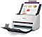 Фото-2 Сканер Epson WorkForce DS-770II B11B262401, вид спереди слева в работе; в автоподатчике установлен лист, нижний лоток раскрыт, корпус белый с чёрными лотками и кнопками справа; изображение важно для страницы товара, потому что показывает подачу и вывод документов.
