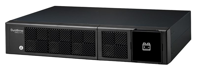 Фото-1 Батарейный модуль для ИБП Systeme Electric BPSE48RT2U, вид под углом спереди: чёрный 2U корпус, фронтальная панель с фактурными вентиляционными секциями и блоком с пиктограммой батареи; на белом фоне для сверки форм‑фактора стойки.