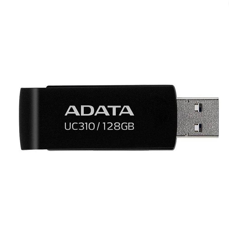 Фото-1 USB‑накопитель ADATA UC310 128GB, вид сбоку на белом фоне: чёрный корпус с маркировкой «ADATA UC310 / 128GB», открыт разъём USB‑A. Для страницы товара важно показать маркировку модели и исполнение разъёма.