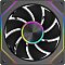 Фото-1 Корпусный вентилятор PCCooler FG120R 120 мм FG120R ARGB BK, фронтальный вид, тёмно-серая рамка с четырьмя монтажными отверстиями, девять чёрных лопастей, радужный контур вокруг центральной крышки и световые линии по углам рамки, предметная съёмка на светлом фоне для страницы товара, чтобы показать лицевую сторону и рисунок подсветки.