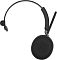Фото-10 Наушники Jabra Evolve2 65, вид сбоку спереди: чёрная гарнитура с поднятой микрофонной штангой, мягкой накладкой оголовья и перфорированной внешней накладкой чашки; изображение показывает внешний профиль и положение микрофона модели.