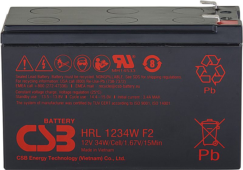 Фото-1 Аккумулятор для ИБП CSB HRL 1234W F2 FR, вид под углом; чёрный корпус с маркировкой HRL 1234W и верхними клеммами; фото на белом фоне, помогает сверить модель и тип клемм.