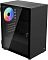 Фото-1 Корпус ПК AeroCool CS‑111‑G‑BK V1, вид спереди-сбоку: чёрный корпус с прозрачной боковой панелью, сверху перфорированная крышка, сзади установлен вентилятор с многоцветной подсветкой; показан обзор внутреннего отсека и вентиляции корпуса.