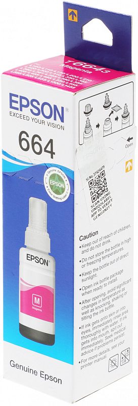Фото-1 Картридж Epson 664 Magenta, пурпурный, 7500 стр., крупный вид упаковки спереди под углом на белом фоне: коробка с бело-синей боковой частью, пурпурной верхней панелью, номером 664, изображением флакона и QR-кодом на боковине; фото показывает лицевую сторону упаковки и маркировку серии для страницы товара.