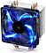 Фото-2 Кулер для процессора DeepCool GAMMAXX 400 Blue Basic, вид спереди с включённой подсветкой: вентилятор светится синим, за ним видны ламели радиатора; белый фон, демонстрация вентилятора и подсветки на странице CPU cooling.