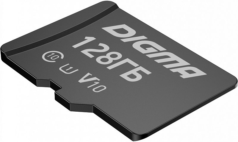 Фото-1 Карта памяти Digma microSDXC 128 ГБ DGFCA128A01, крупный план карты спереди под углом: чёрный корпус microSD с белой маркировкой 128ГБ, значками Class 10, U1 и V10, со срезанным углом корпуса; изображение показывает внешний вид карты для страницы товара.