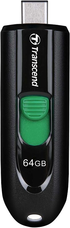 Фото-1 USB‑накопитель Transcend JetFlash 790C, вид спереди: выдвинутый штекер USB‑C сверху, чёрный корпус с глянцевой центральной вставкой, зелёный ползунок и маркировка «64GB»; помогает понять тип разъёма и элементы управления на странице товара.