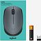 Фото-11 Мышь Logitech M170 беспроводная, серый цвет, упаковка с комплектом. Видны изображение мыши на бирюзовом фоне, отдельные пиктограммы батарейки AA и USB-ресивера справа, а также маркировка M170. Это важно для страницы товара, потому что показывает комплект поставки на упаковке.