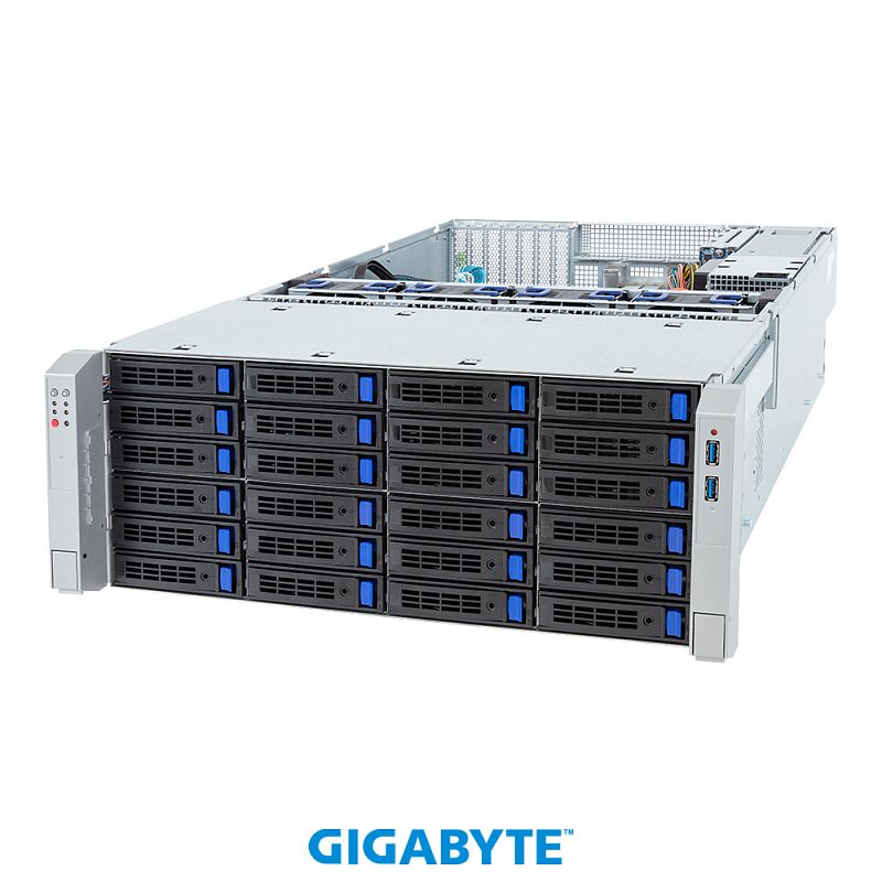 Фото-1 Серверная платформа Gigabyte S453-Z30 ACV1, вид спереди слева; 4U корпус с 36 фронтальными отсеками 3,5 дюйма, чёрными корзинами с синими защёлками, индикаторами слева и USB-портами справа; фото показывает высокоплотную дисковую конфигурацию для страницы серверной платформы.