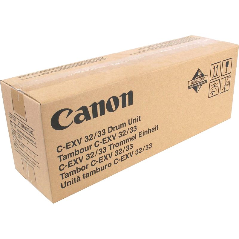 Фото-1 Барабан Canon C-EXV 33, вид под углом на транспортную коробку; на фото показана длинная коричневая коробка Canon с надписью C-EXV 32/33 Drum Unit и транспортными пиктограммами на правом торце; изображение важно для страницы товара, потому что показывает тип упаковки и маркировку барабана.