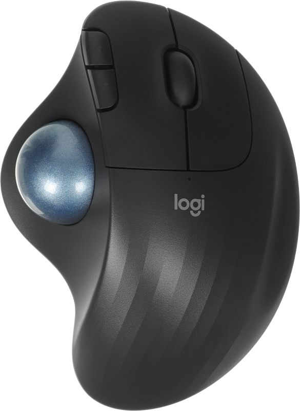 Фото-1 Беспроводная мышь Logitech M575S, вид сверху слева с трекболом; на фото корпус эргономичной формы, два боковых переключателя и колесо прокрутки, чёрный корпус с синим трекболом; изображение показывает основную конструкцию устройства для страницы товара.