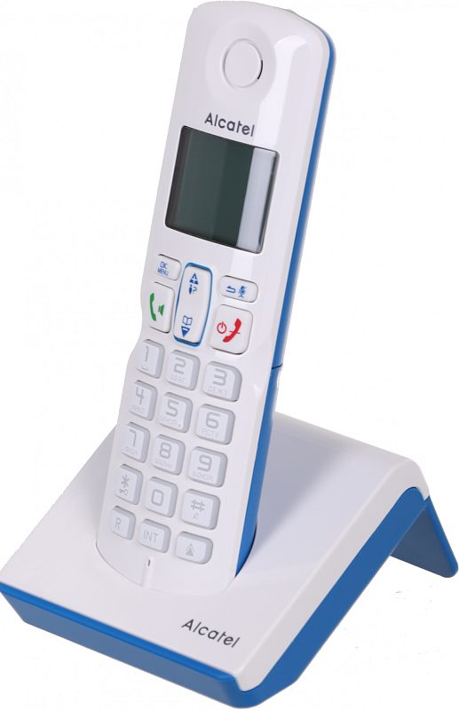 Фото-1 DECT-телефон Alcatel S250 RU, вид спереди; белая трубка на базе с дисплеем и кнопками показана для страницы беспроводного телефона.