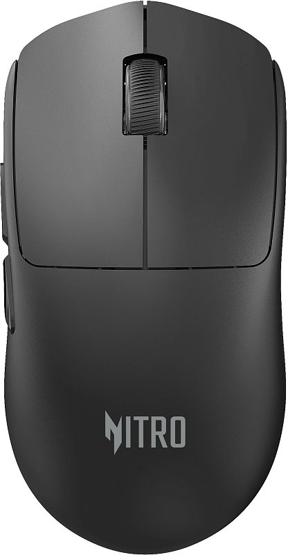 Фото-1 Мышь Acer Nitro OMR402, вид сверху; показаны две основные кнопки, колесо прокрутки с рифлением и логотип NITRO на спинке, чёрный цвет, изображение нужно для идентификации модели и верхней панели в карточке товара