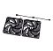 Фото-1 Комплект вентиляторов Thermaltake CT120 (2-pack), вид сверху: два чёрных вентилятора с логотипом на ступице и соединительный кабель с разъёмами; важно для понимания способа подключения при установке в корпус ПК.