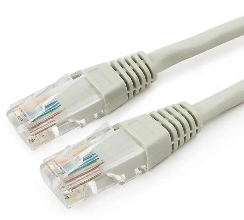 Фото-1 Патч-корд Premier PP6U-3M UTP Cat 6, крупный план двух коннекторов; серый кабель, прозрачные штекеры RJ-45, серые литые хвостовики и видимые цветные жилы у контактов; фото показывает тип разъёмов и цвет кабеля для страницы товара.