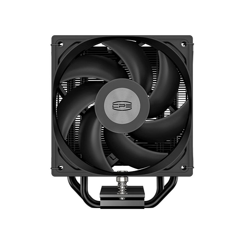 Фото-1 Кулер для процессора PCCooler RT400 BK, вид спереди: вентилятор в квадратной рамке на радиаторе; на центральной наклейке логотип, по углам крепёжные отверстия; чёрный цвет, изображение для карточки товара кулера CPU.
