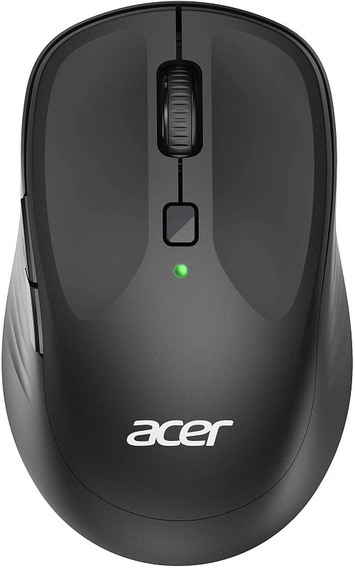 Фото-1 Беспроводная мышь Acer OMR300, вид сверху на корпус; на фото видны колесо прокрутки, кнопка переключения DPI под колесом, индикатор на верхней панели и логотип Acer, цвет чёрный; изображение показывает компоновку органов управления, что важно для карточки товара.