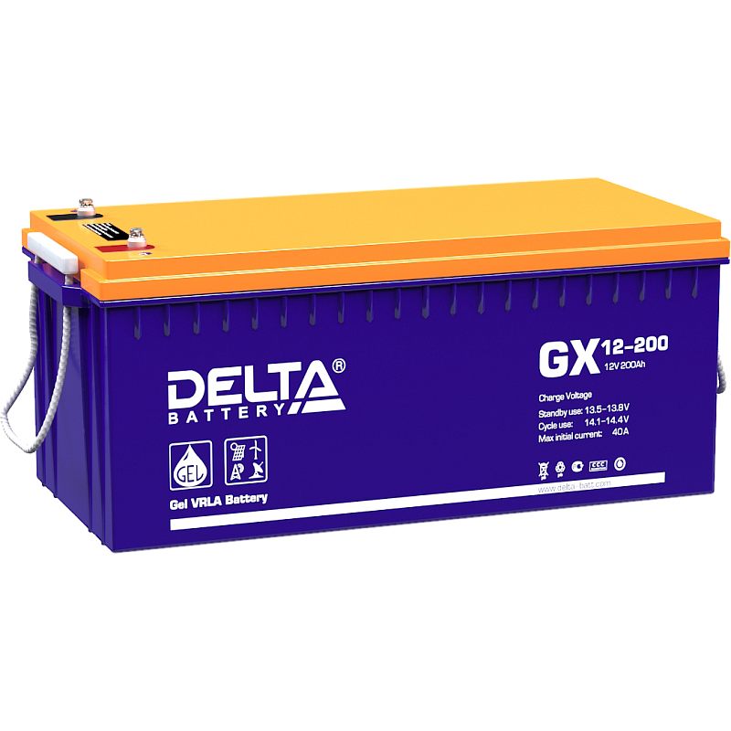 Фото-1 Аккумулятор для ИБП Delta GX 12-200, вид сбоку на маркировку; фиолетовый корпус с оранжевой крышкой, сверху болтовые клеммы и верёвочные ручки, на боковой стороне надпись «GX 12-200»; фото важно для проверки модели и типа выводов.