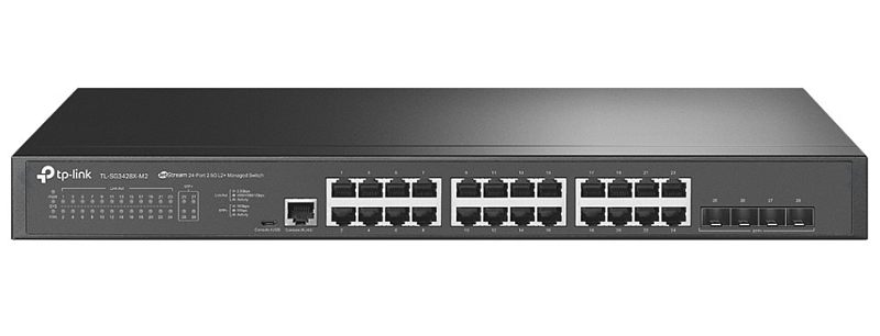 Фото-1 Коммутатор TP-Link SG3428X-M2, вид спереди: чёрный корпус для стойки, 24 порта RJ45 2.5G на фронтальной панели, справа uplink-порты SFP+, слева блок индикации и маркировка модели; фото показывает размещение интерфейсов и стоечный формат для карточки товара.