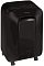 Фото-2 Уничтожитель бумаги Fellowes Powershred LX200, вид спереди справа на белом фоне: скруглённый чёрный корпус, затемнённое окно корзины и колёсики, сверху панель со слотом подачи; помогает оценить габариты корпуса и ракурс размещения в помещении на странице товара.