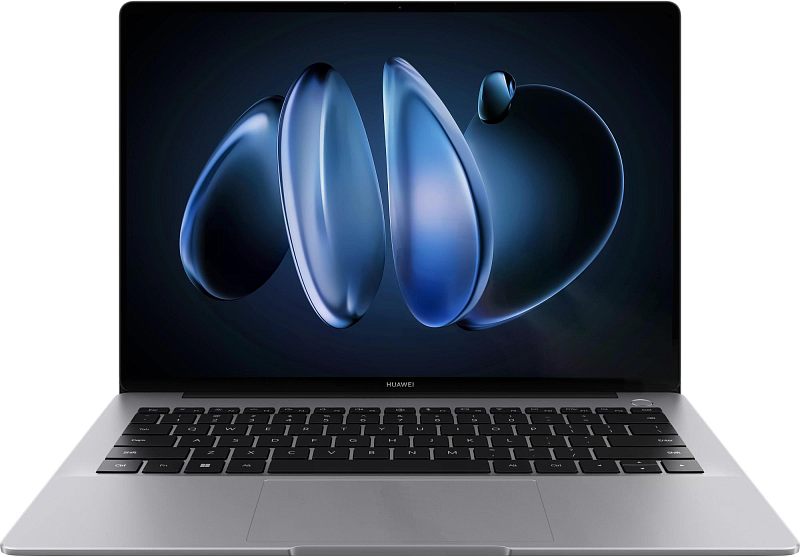 Фото-1 Ноутбук Huawei MateBook 14 FLMH-X, вид спереди с открытым экраном; на фото фронтальная панель с тонкими рамками, клавиатура без цифрового блока и крупный тачпад, корпус серого цвета; изображение показывает внешний вид модели для карточки товара ноутбука.
