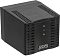 Фото-2 Стабилизатор напряжения Powercom TCA‑1200 Black, вид спереди‑сбоку: боковые вентиляционные решётки и три светодиода состояния, чёрный корпус на белом фоне; важно для оценки охлаждения и индикации.