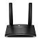 Фото-3 Wi-Fi роутер TP-Link TL-MR100, фронтальный вид на белом фоне: чёрный корпус с перфорацией, две антенны, по центру логотип TP-Link, снизу ряд световых индикаторов; важно для страницы товара роутера для визуальной идентификации модели.