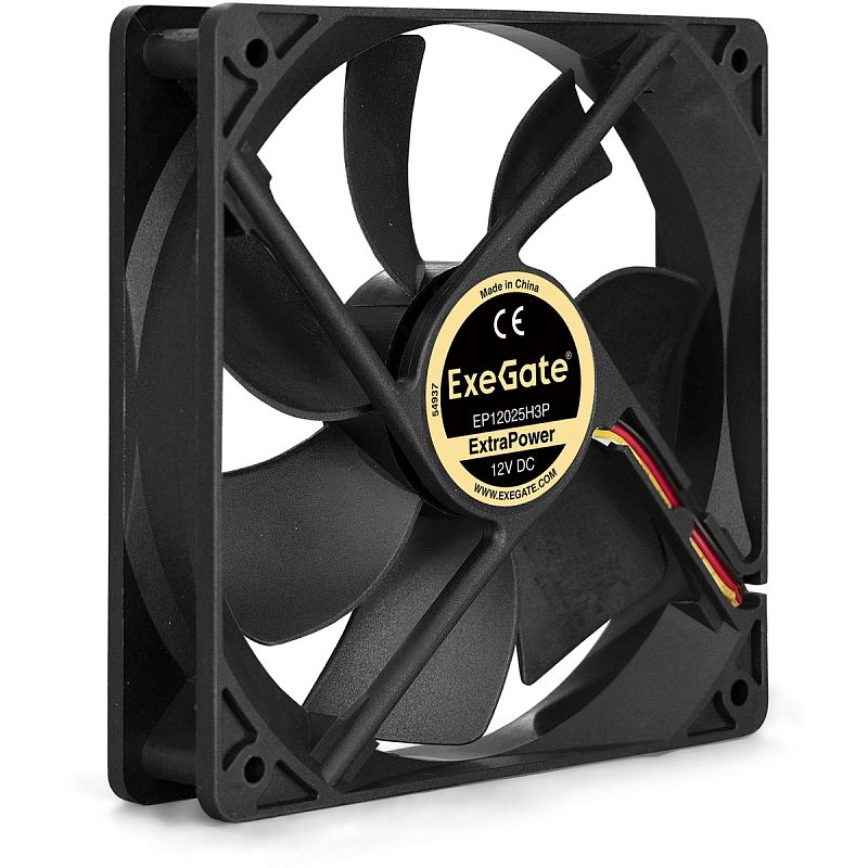 Фото-1 Корпусный вентилятор ExeGate ExtraPower EP12025H3P 120 мм 3-pin, задняя сторона под углом. На фото чёрная квадратная рамка, семь широких лопастей, диагональные опорные стойки, наклейка ExtraPower и жгут из трёх проводов сбоку. Изображение показывает тыльную часть и маркировку вентилятора для страницы товара.