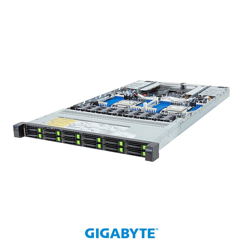 Фото-1 Серверная платформа Gigabyte R183-Z94 rev. AAV1 ACV1, вид спереди слева под углом со снятой крышкой; на фото показаны 12 фронтальных отсеков 2,5 дюйма с зелёными фиксаторами, открытая верхняя часть корпуса и внутренняя компоновка с двумя процессорными зонами, что важно для страницы товара при показе шасси и расположения компонентов.