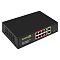 Фото-1 Коммутатор ExeGate EDGS-1082D 8PoE 120W, вид спереди под углом; на фото чёрный корпус, восемь PoE-портов в красной зоне Power Link, два uplink-порта в жёлтой зоне и индикаторы питания; изображение показывает переднюю панель и цветовую маркировку портов для страницы товара.