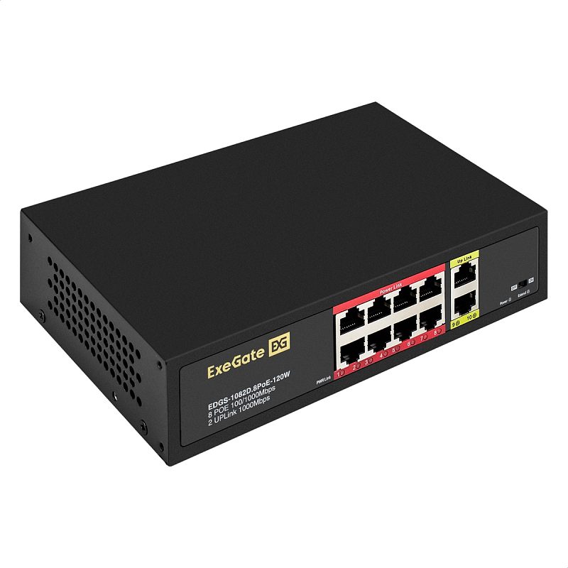 Фото-1 Коммутатор ExeGate EDGS-1082D 8PoE 120W, вид спереди под углом; на фото чёрный корпус, восемь PoE-портов в красной зоне Power Link, два uplink-порта в жёлтой зоне и индикаторы питания; изображение показывает переднюю панель и цветовую маркировку портов для страницы товара.